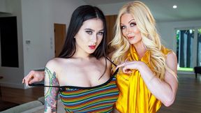 Two naughty babes are enjoying hard strapon sex