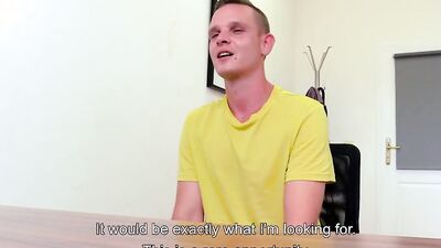 Cute blond twink strips during casting and takes a cock POV