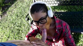 Short haired ebony in glasses gets fucked in the park