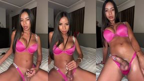 ladyboymaria - solo stroking in pink lingerie