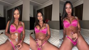 ladyboymaria - solo stroking in pink lingerie