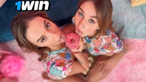 Blissful anal&#x1F44C; threeway with cum-covered donuts, oh so divine and filthy.