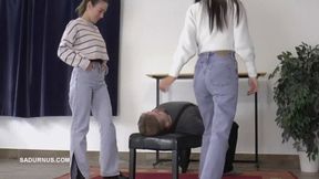 Mistresses Olga and Natasa sit on the slave's face in jeans A mp4 Natasa