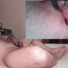 Strapped cock vibrator induced cum