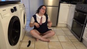 Big-titted wife in collage uniform with a huge black dildo