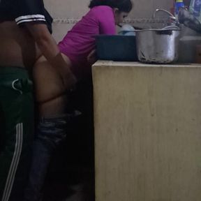 Maid Fucked When Washing the Dishes, We Almost Got Caught by My Wife