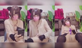 Cat ear bob daughter masturbates with huge ass dildo and anal creampie