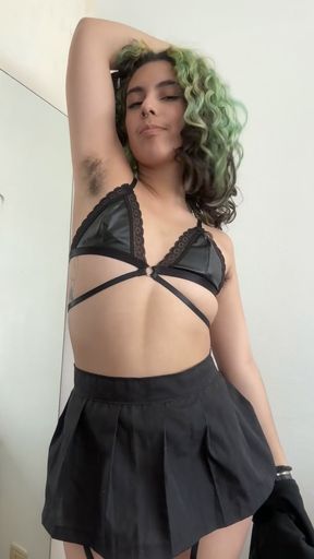 Slim babe shows off her tiny waist, natural tits, and armpit fetish