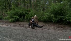 strapped blonde fucked in the woods