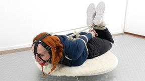Melodie Rope Hogtie and harness gagged on rotating platform