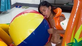 Looner Camylle Blows Up 2 Big Beachballs By Mouth In A White Bikini