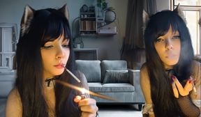 Smoking goth girl gives blowjob
