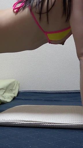 Girls Only Apartment in Japan, a Room Where Skinny Small Titted Girl Doing Tease Workouts in Micro Thong Bikinis