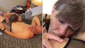 Mature cougar Carmen deep throats and sucks cock in POV split screen