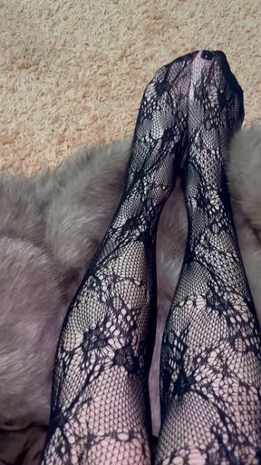 Playing with a long legs in sexy heels and stocking