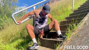 sport lad gets horny and plays with his male-pussy in public places and has anal orgasm while fingering his ass