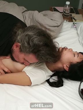 Asian Girl, White Guy - Hobble Belt Bondage Fuck and Facial
