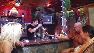 Two beautiful chicks from Germany pleasing three cocks at the bar