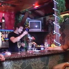 Two beautiful chicks from Germany pleasing three cocks at the bar