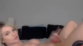 Busty Blonde Tranny Plays with her Toys