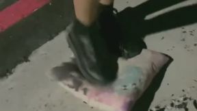 cute girl trample and crush pillow witch dirty feet
