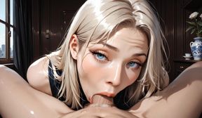 Blonde Colombian Blue Eyes Kneeling Sucking Thick Cock Of Her Boyfriend With Desire, Blowjob Deep Full Throat, Saliva Cumming