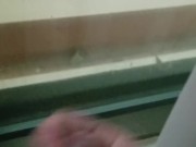 Shemale Cumming in Casino Window while Watching Workers Make Her Omlet