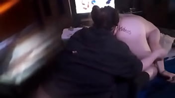 Kinky guy gets rimmed and fucked by wife wearing a large cock