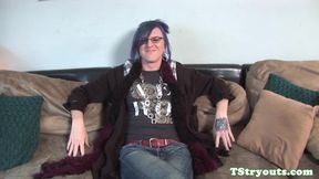 Pierced tranny tugging herself at casting
