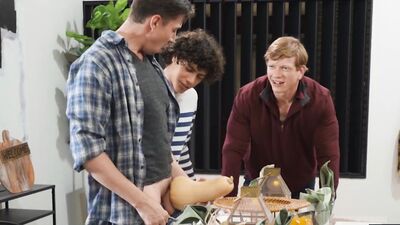 Kinky dudes have fun with improvised sex toys before a threesome