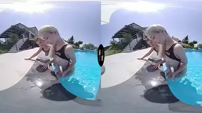 Brunette lesbian babes share a wet pool fuck session