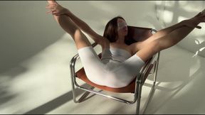 stretching in white long shortss - cameltoe