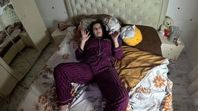 air holding in satin pajamas – puffy cheeks, red face & intense struggle