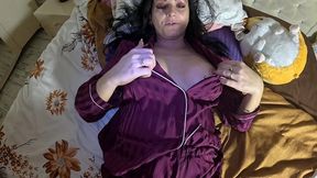 air holding in satin pajamas – puffy cheeks, red face & intense struggle