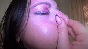air holding in satin pajamas – puffy cheeks, red face & intense struggle