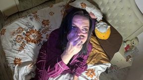 air holding in satin pajamas – puffy cheeks, red face & intense struggle