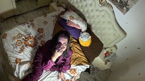 air holding in satin pajamas – puffy cheeks, red face & intense struggle