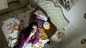 air holding in satin pajamas – puffy cheeks, red face & intense struggle