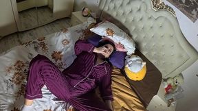 air holding in satin pajamas – puffy cheeks, red face & intense struggle
