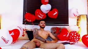 Bearded Tattooed Model Jerks Off on Bed