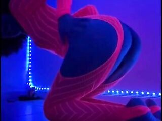 Bitch in Neon Fishnets Bodysuit Fingers and Bangs Herself in the Darksome