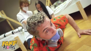 Fake Hostel Threesome with Redhead and Latina Nurses