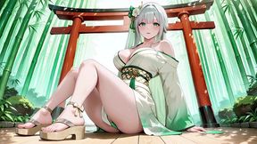 ai generated-silver-haired shrine maiden secrets! languidly reclining in a red corridor, her bare shoulders and lush thighs exposed.