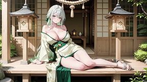 ai generated-silver-haired shrine maiden secrets! languidly reclining in a red corridor, her bare shoulders and lush thighs exposed.