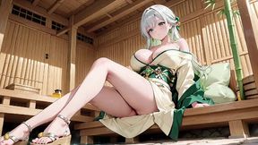 ai generated-silver-haired shrine maiden secrets! languidly reclining in a red corridor, her bare shoulders and lush thighs exposed.