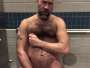 Risky Public Bathroom Wank Session Hairy Daddy Jerk and Cum