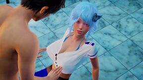 Anime Girl Sinwe with Hot Blue Hair in 3D Hentai - Indulge in Big Tits Massage with Sensual Moans, G-Spot Fingering