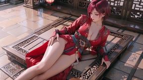 Red-haired Goddess in Oriental Seduction! the Ultimate Contrast Between the Chinese Pavilion and the Pristine White Bathroom.