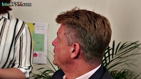 Horny office babes give hard blowjob