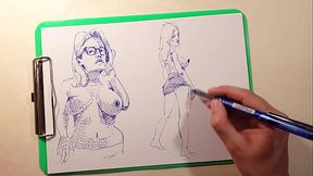 Drawing techniques with a ballpoint pen, female figure, drawings of sexy girls